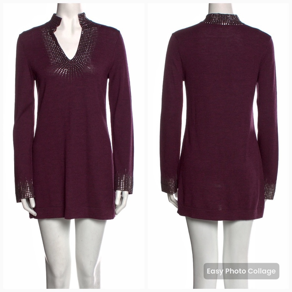 Tory Burch Merino Wool Sequins Embellished V-Neck Sweater Dress S